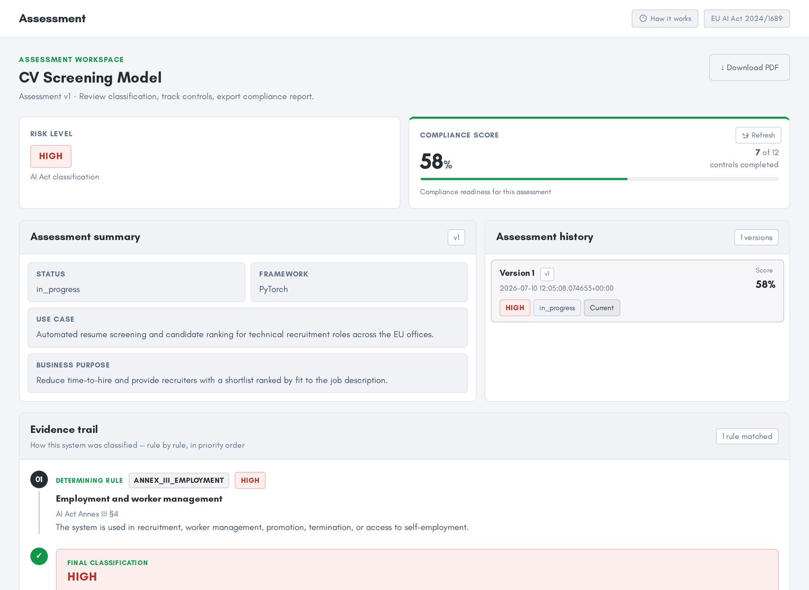 mGuarder evidence trail showing the AI Act article that determined a system's risk classification